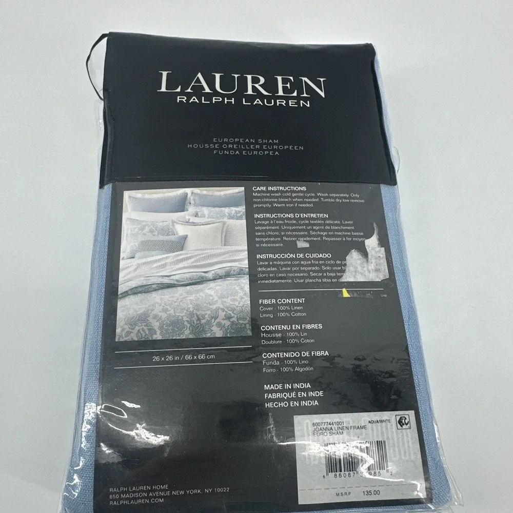 $135 Lauren Ralph Lauren Joanna Linen Frame European Pillow Sham Blue/Aqua/White